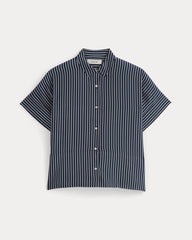 The Boxy Shirt in Washable Silk | True Navy / Bone Stripe
