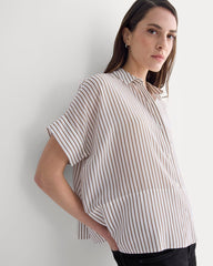 The Boxy Shirt in Washable Silk | Bone / Toffee Stripe