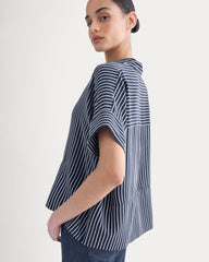 The Boxy Shirt in Washable Silk | True Navy / Bone Stripe