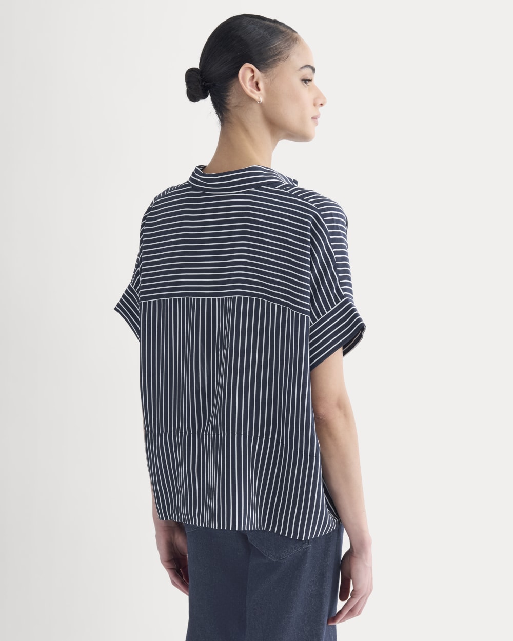 The Boxy Shirt in Washable Silk | True Navy / Bone Stripe